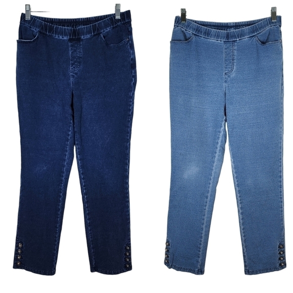 DENIM & CO. SET OF 2 COMFY KNIT SLIM LEG JEANS WITH BLING BUTTONS - Picture 1 of 13